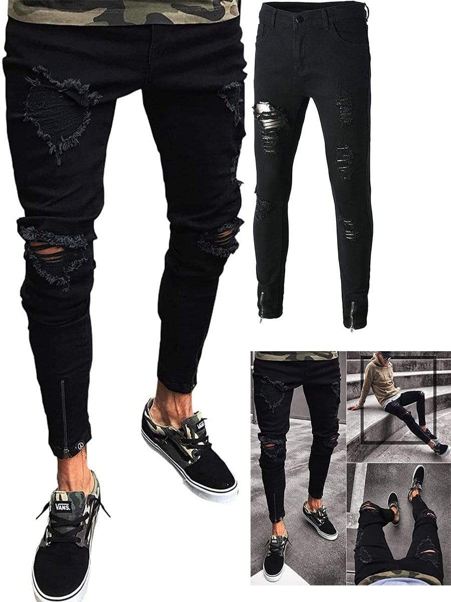 Men Denim Trousers Ripped Jeans Pants Distressed Bottoms | Fruugo NO